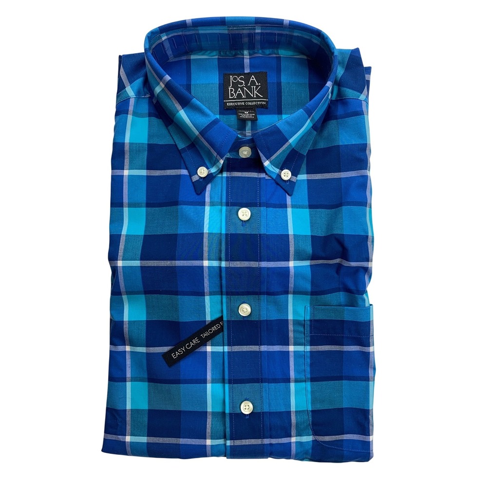 Jos A Bank NWT Exec Collection Blue Plaid Easy Care Tailored Fit Shirt Mens